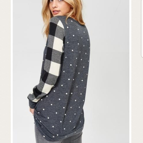 Polka Dot Top with Buffalo Check Sleeves - Picture 2 of 2